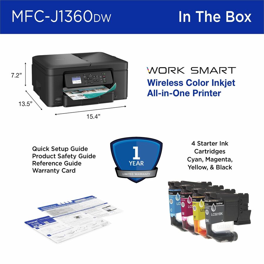 Brother Work Smart MFC-J1360DW Wired & Wireless Inkjet Multifunction Printer - Color - Black - Copier/Printer/Scanner - 16 ppm Mono/9 ppm Color Print - 1200 x 6000 dpi Print - Automatic Duplex Print - Up to 2000 Pages Monthly - ADF, Flatbed Scanner - 1...