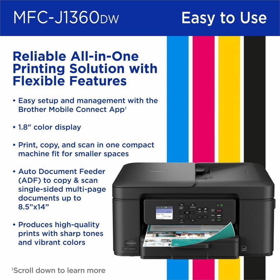 Brother Work Smart MFC-J1360DW Wired & Wireless Inkjet Multifunction Printer - Color - Black - Copier/Printer/Scanner - 16 ppm Mono/9 ppm Color Print - 1200 x 6000 dpi Print - Automatic Duplex Print - Up to 2000 Pages Monthly - ADF, Flatbed Scanner - 1...