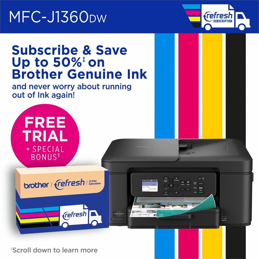 Brother Work Smart MFC-J1360DW Wired & Wireless Inkjet Multifunction Printer - Color - Black - Copier/Printer/Scanner - 16 ppm Mono/9 ppm Color Print - 1200 x 6000 dpi Print - Automatic Duplex Print - Up to 2000 Pages Monthly - ADF, Flatbed Scanner - 1...