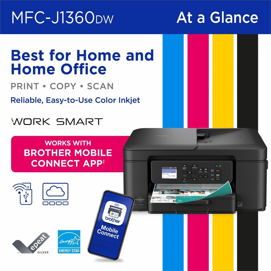 Brother Work Smart MFC-J1360DW Wired & Wireless Inkjet Multifunction Printer - Color - Black - Copier/Printer/Scanner - 16 ppm Mono/9 ppm Color Print - 1200 x 6000 dpi Print - Automatic Duplex Print - Up to 2000 Pages Monthly - ADF, Flatbed Scanner - 1...