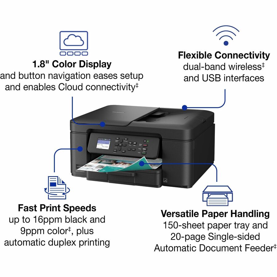 Brother Work Smart MFC-J1360DW Wired & Wireless Inkjet Multifunction Printer - Color - Black - Copier/Printer/Scanner - 16 ppm Mono/9 ppm Color Print - 1200 x 6000 dpi Print - Automatic Duplex Print - Up to 2000 Pages Monthly - ADF, Flatbed Scanner - 1...