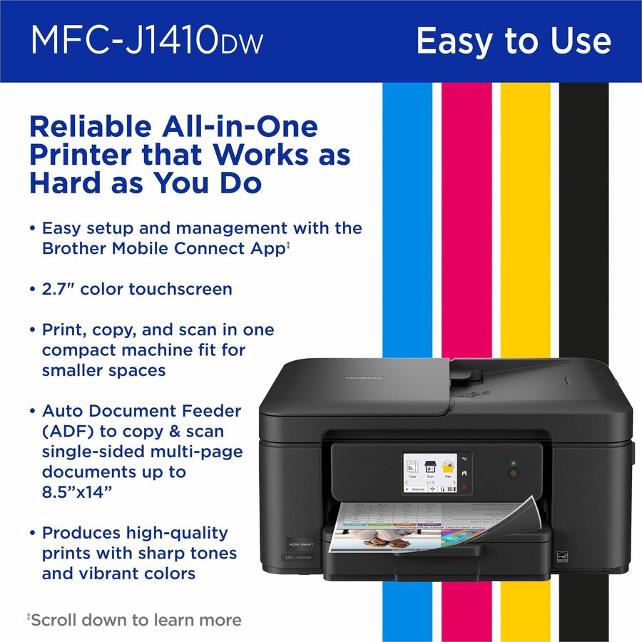 Brother Work Smart MFC-J1410DW Wired & Wireless Inkjet Multifunction Printer - Color - Copier/Printer/Scanner - 16 ppm Mono/9 ppm Color Print - 1200 x 6000 dpi Print - Automatic Duplex Print - Up to 2500 Pages Monthly - ADF Scanner - 1200 x 600 dpi Opt...