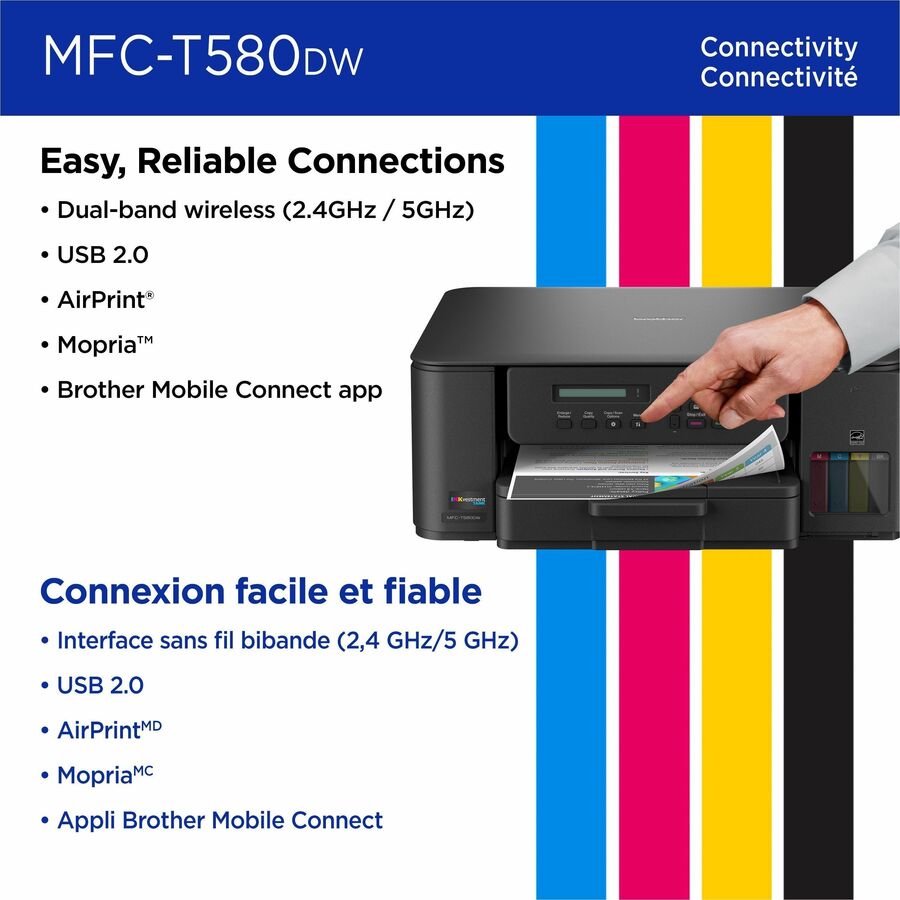 Brother MFC-T580DW Wired & Wireless INKvestment Tank Inkjet Multifunction Printer - Color - Copier/Printer/Scanner - 16 ppm Mono/9 ppm Color Print - Automatic Duplex Print - Up to 2500 Pages Monthly - Flatbed Scanner - 2400 x 1200 dpi Optical Scan - Wi...