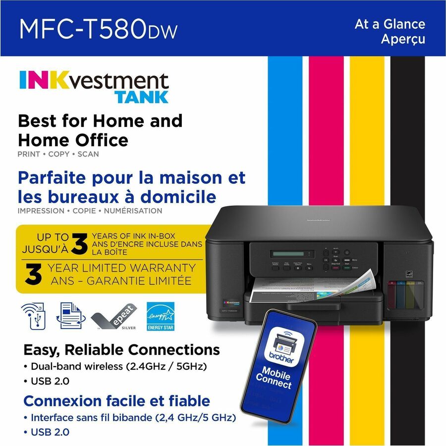 Brother MFC-T580DW Wired & Wireless INKvestment Tank Inkjet Multifunction Printer - Color - Copier/Printer/Scanner - 16 ppm Mono/9 ppm Color Print - Automatic Duplex Print - Up to 2500 Pages Monthly - Flatbed Scanner - 2400 x 1200 dpi Optical Scan - Wi...