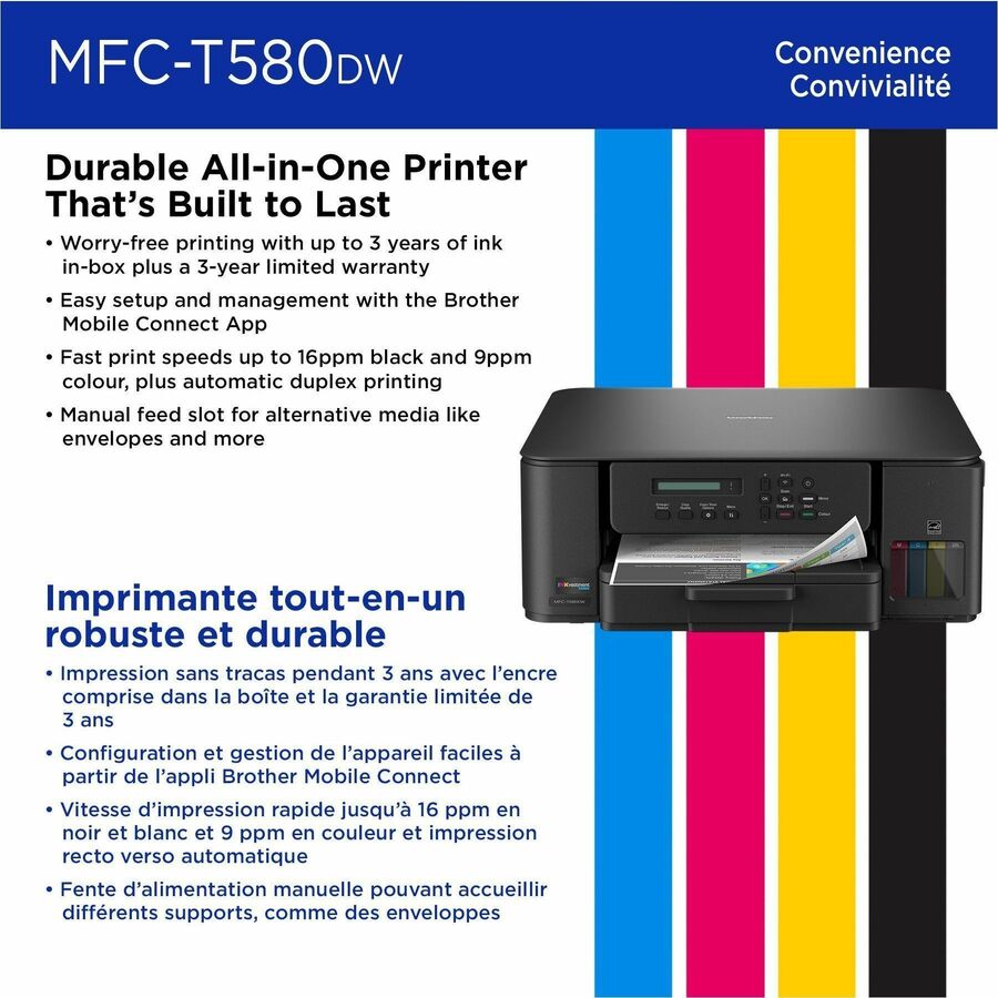 Brother MFC-T580DW Wired & Wireless INKvestment Tank Inkjet Multifunction Printer - Color - Copier/Printer/Scanner - 16 ppm Mono/9 ppm Color Print - Automatic Duplex Print - Up to 2500 Pages Monthly - Flatbed Scanner - 2400 x 1200 dpi Optical Scan - Wi...