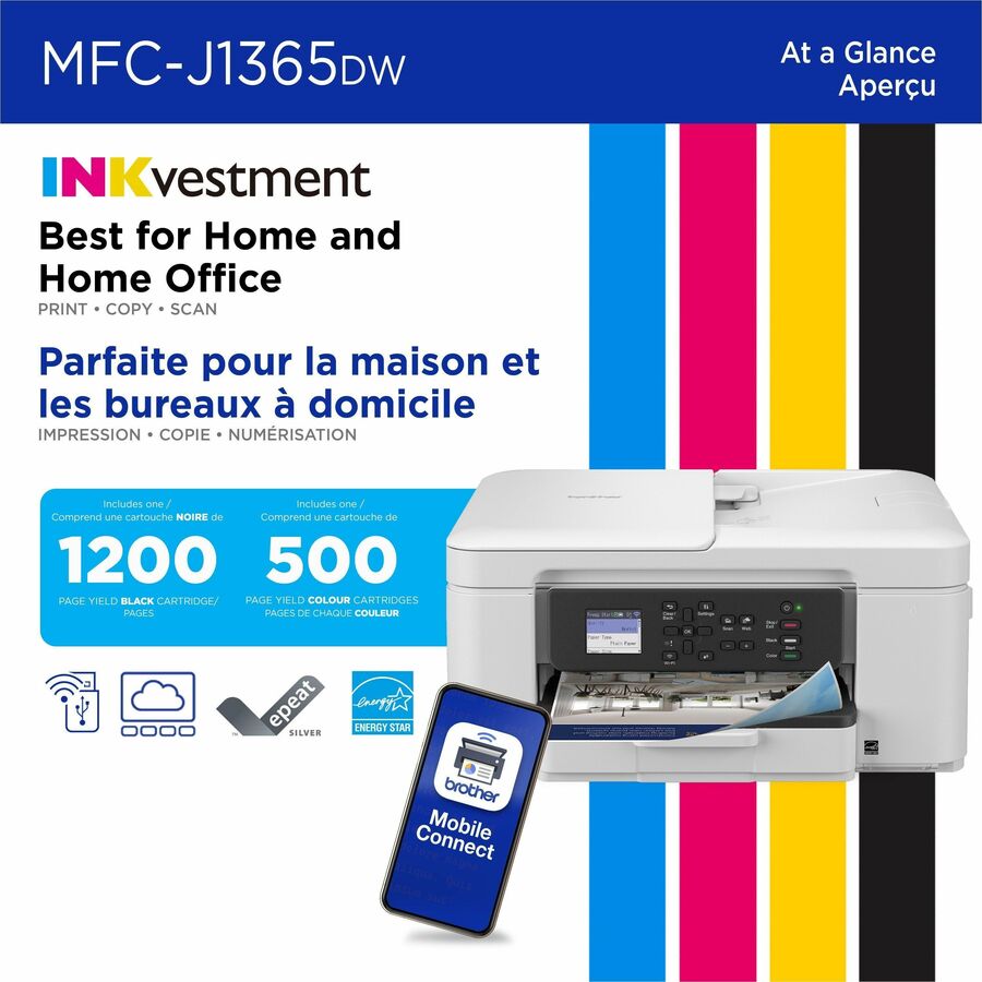 Brother MFCJ1365DW Inkjet Multifunction Printer - Color - Copier/Printer/Scanner - 16 ppm Mono/9 ppm Color Print - 1200 x 6000 dpi Print - Automatic Duplex Print - Up to 2500 Pages Monthly - Color ADF Scanner - 1200 x 600 dpi Optical Scan - Wireless LA...