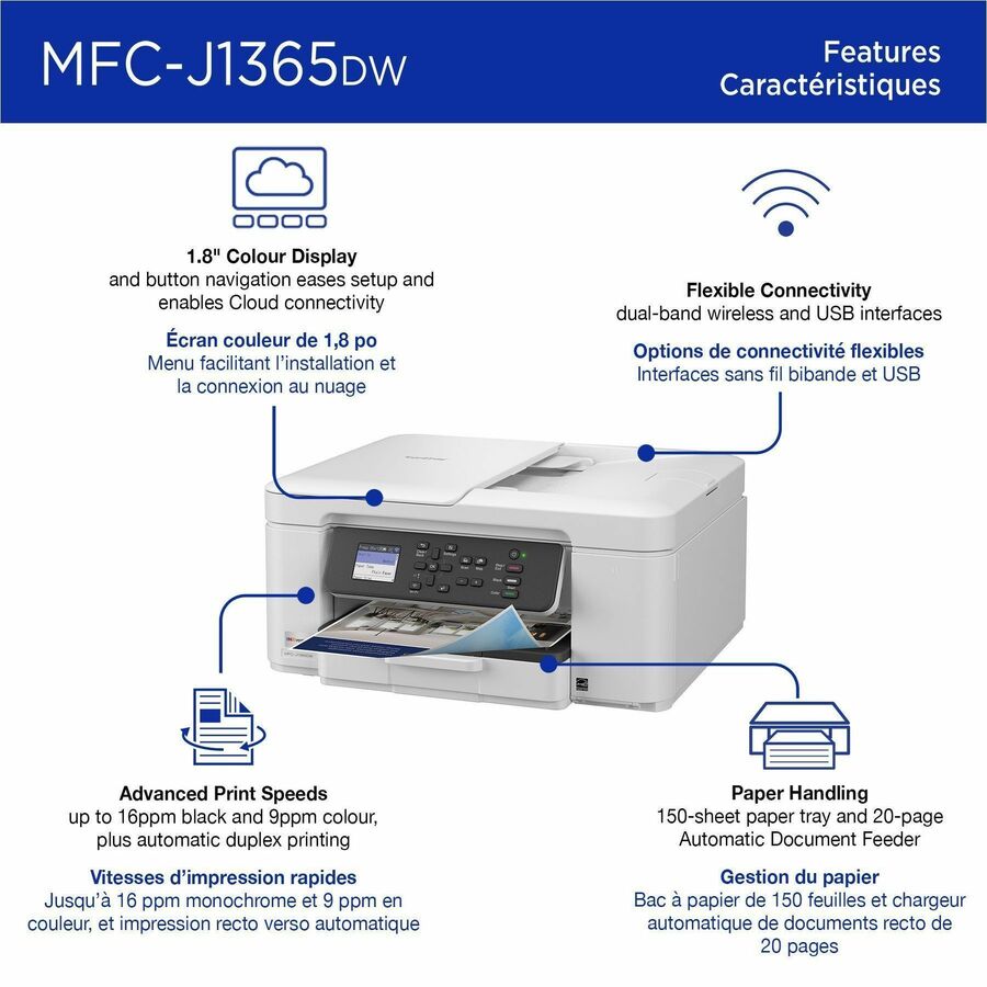 Brother MFCJ1365DW Inkjet Multifunction Printer - Color - Copier/Printer/Scanner - 16 ppm Mono/9 ppm Color Print - 1200 x 6000 dpi Print - Automatic Duplex Print - Up to 2500 Pages Monthly - Color ADF Scanner - 1200 x 600 dpi Optical Scan - Wireless LA...