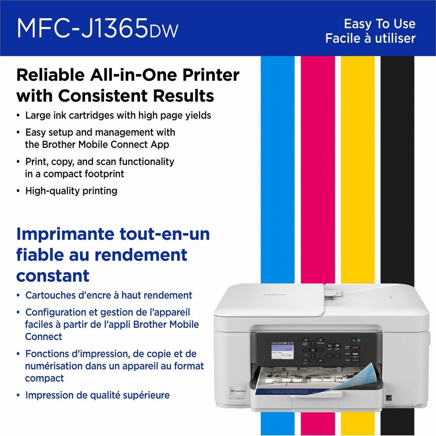 Brother MFCJ1365DW Inkjet Multifunction Printer - Color - Copier/Printer/Scanner - 16 ppm Mono/9 ppm Color Print - 1200 x 6000 dpi Print - Automatic Duplex Print - Up to 2500 Pages Monthly - Color ADF Scanner - 1200 x 600 dpi Optical Scan - Wireless LA...
