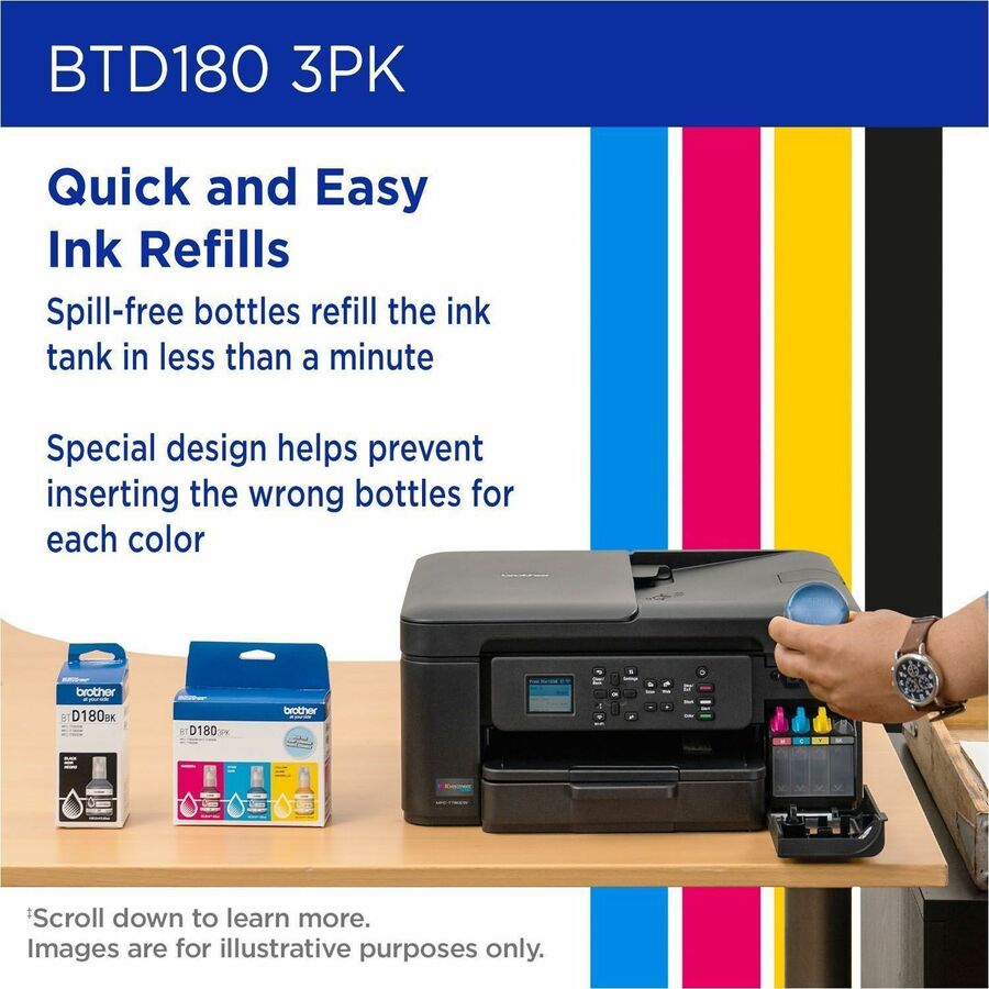 Brother Genuine BTD1803PK 3-Pack High Yield Cyan, Magenta, and Yellow Ink Bottles - Inkjet - Cyan, Magenta, Yellow - 5000 Pages - High Yield - 3 / Pack