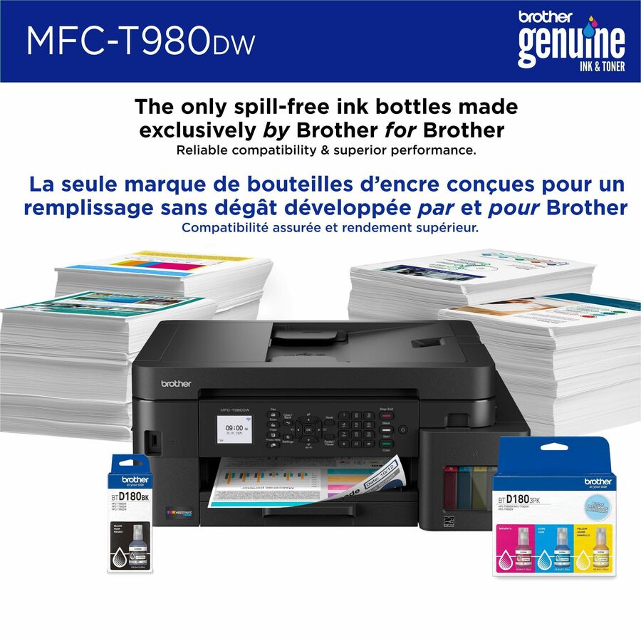Brother MFC-T980DW Wired & Wireless INKvestment Tank Inkjet Multifunction Printer - Color - Copier/Fax/Printer/Scanner - 17 ppm Mono/16.5 ppm Color Print - Automatic Duplex Print - Up to 2500 Pages Monthly - Flatbed, ADF Scanner - 1200 x 2400 dpi Optic...