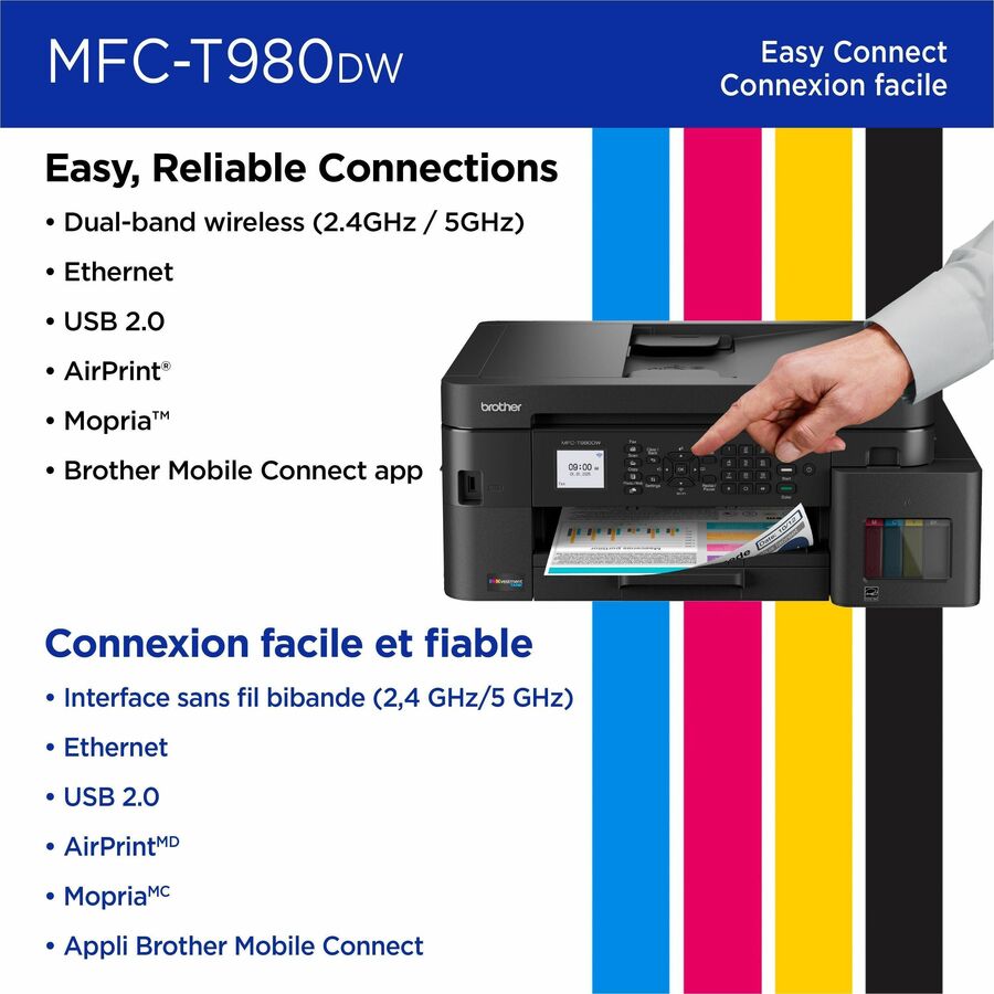 Brother MFC-T980DW Wired & Wireless INKvestment Tank Inkjet Multifunction Printer - Color - Copier/Fax/Printer/Scanner - 17 ppm Mono/16.5 ppm Color Print - Automatic Duplex Print - Up to 2500 Pages Monthly - Flatbed, ADF Scanner - 1200 x 2400 dpi Optic...