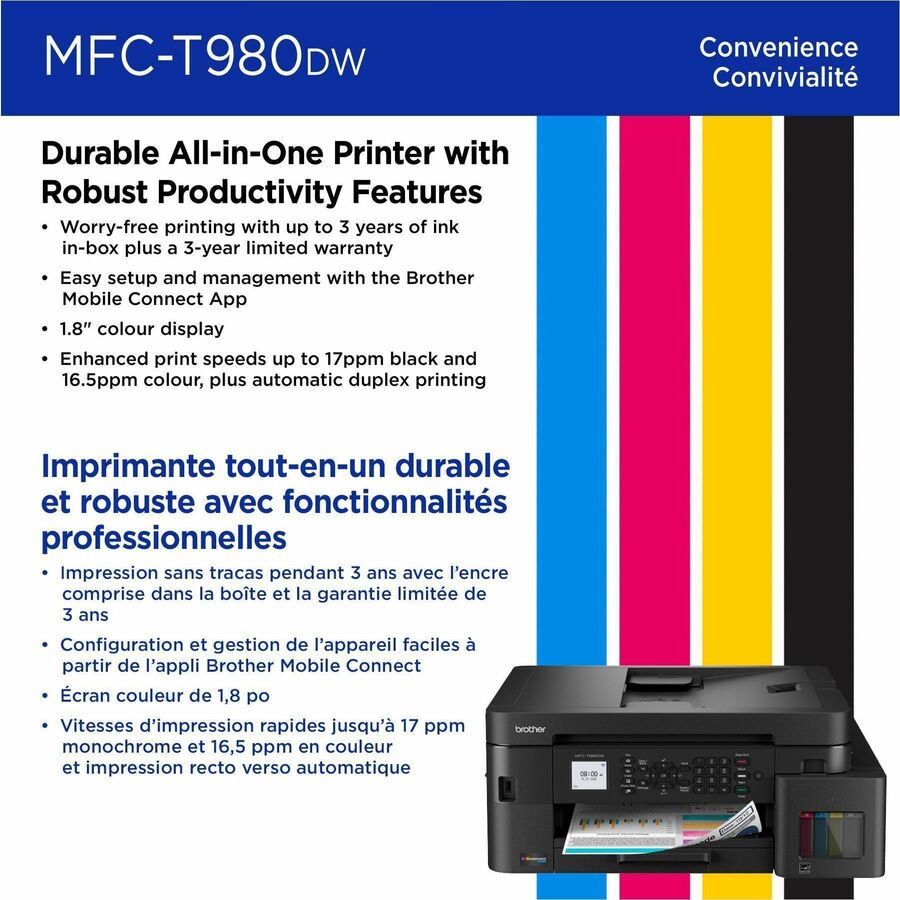 Brother MFC-T980DW Wired & Wireless INKvestment Tank Inkjet Multifunction Printer - Color - Copier/Fax/Printer/Scanner - 17 ppm Mono/16.5 ppm Color Print - Automatic Duplex Print - Up to 2500 Pages Monthly - Flatbed, ADF Scanner - 1200 x 2400 dpi Optic...