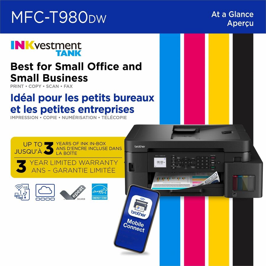Brother MFC-T980DW Wired & Wireless INKvestment Tank Inkjet Multifunction Printer - Color - Copier/Fax/Printer/Scanner - 17 ppm Mono/16.5 ppm Color Print - Automatic Duplex Print - Up to 2500 Pages Monthly - Flatbed, ADF Scanner - 1200 x 2400 dpi Optic...