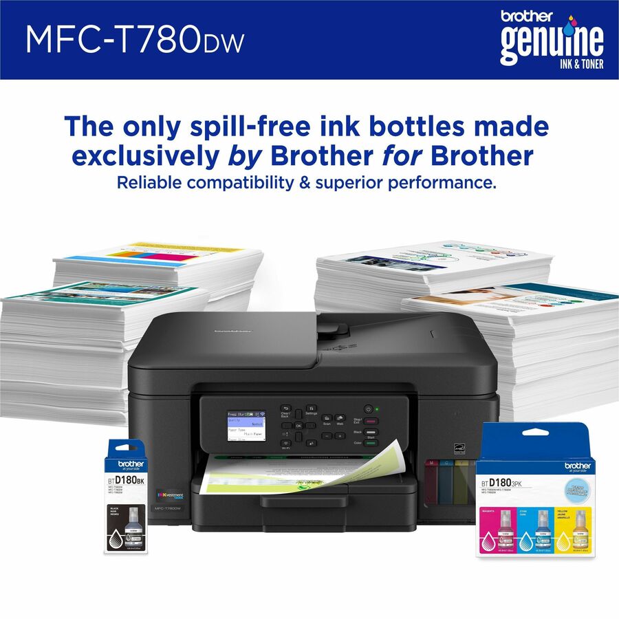 Brother MFC-T780DW Wired & Wireless INKvestment Tank Inkjet Multifunction Printer - Color - Copier/Printer/Scanner - 16 ppm Mono/15.5 ppm Color Print - Automatic Duplex Print - Up to 2500 Pages Monthly - Flatbed, ADF Scanner - 2400 x 1200 dpi Optical S...