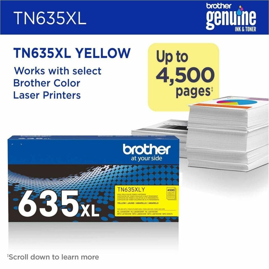 Brother TN635XLY Original High Yield Laser Toner Cartridge - Yellow - 1 Each - 4,500 pages