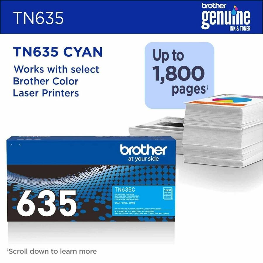 Brother TN635C Original Standard Yield Laser Toner Cartridge - Cyan - 1 Each - 1800 pages