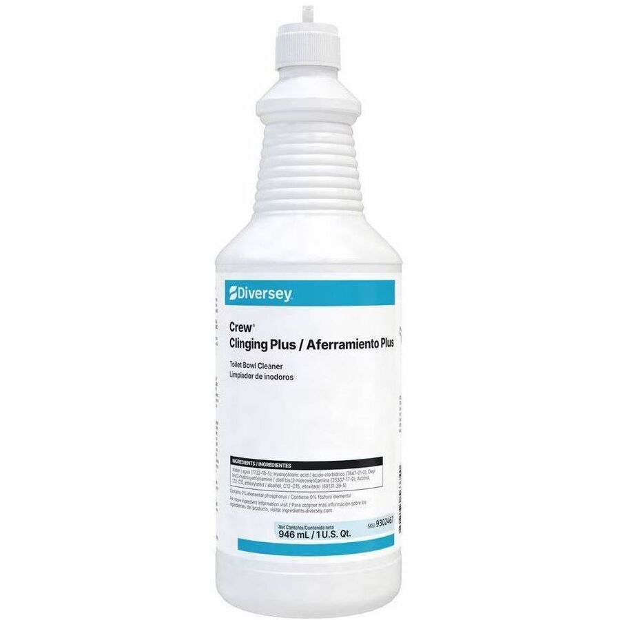 Diversey Crew ClingingPlus Toilet Bowl Cleaner - For Multipurpose - Ready-To-Use - Liquid - 32 fl oz (1 quart) - 1 to 2 pH - Acidic, Citrus Scent - Recommended For: Stain Remover, Odor Remover - Deodorize - Green - 12 / Carton