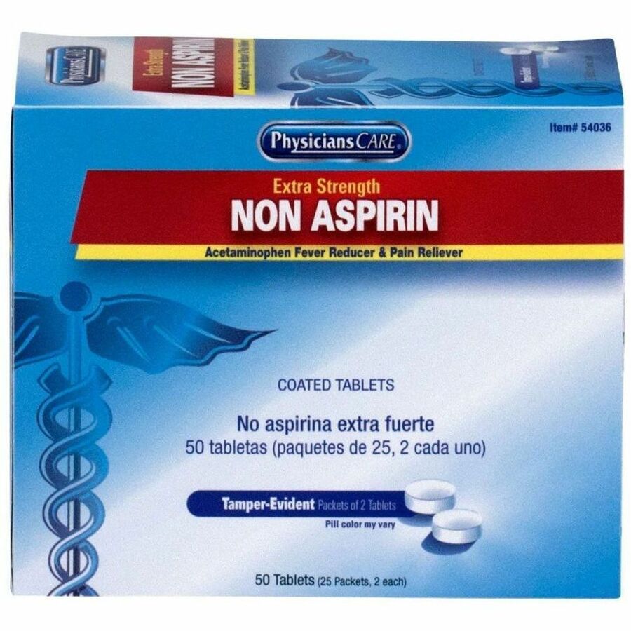 PhysiciansCare ExtraStrength Acetaminophen Tablets - For Headache, Pain, Arthritis, Common Cold, Menstrual Cramp - 2 Tablets/Packet - 50 / Box