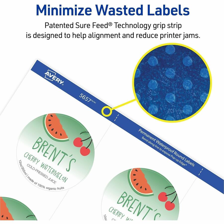Avery 2" Waterproof Round Labels - Waterproof - x 2" Diameter - Round - Inkjet, Laser - White Matte - Polyester Film - Durable, Adhesive, Oil Resistant, Grease Resistant, Weather Resistant, Smudge Resistant, Fade Resistant, Print-to-the Edge - 12 / She...