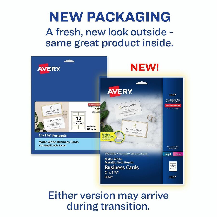 Avery Business Card - 2" x 3 1/2" - 80 lb Basis Weight - 216 g/m² Grammage - Pre-printed, Printable, Double-sided - White - 100 / Pack