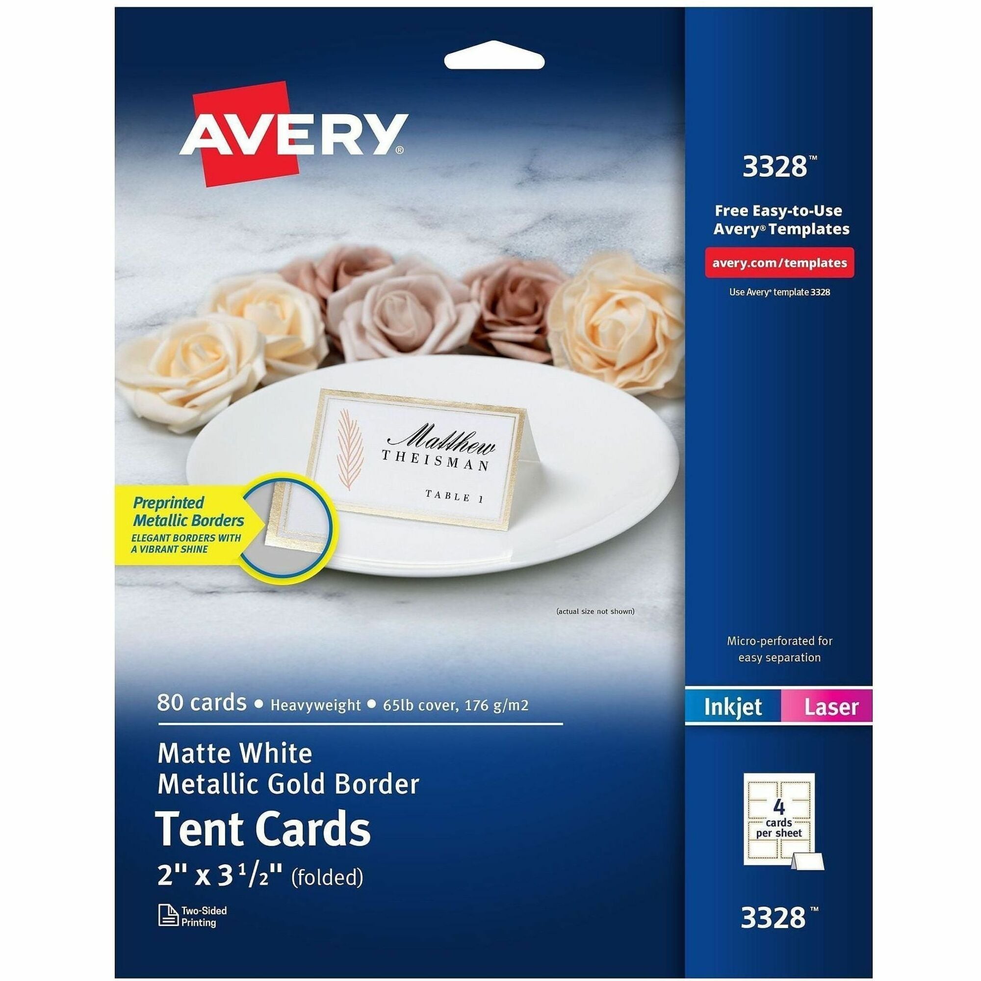 Avery Tent Card - Letter - 8 1/2" x 11" - 65 lb Basis Weight - 176 g/m² Grammage - Micro Perforated, Pre-scored, Printable - White - 80 / Pack