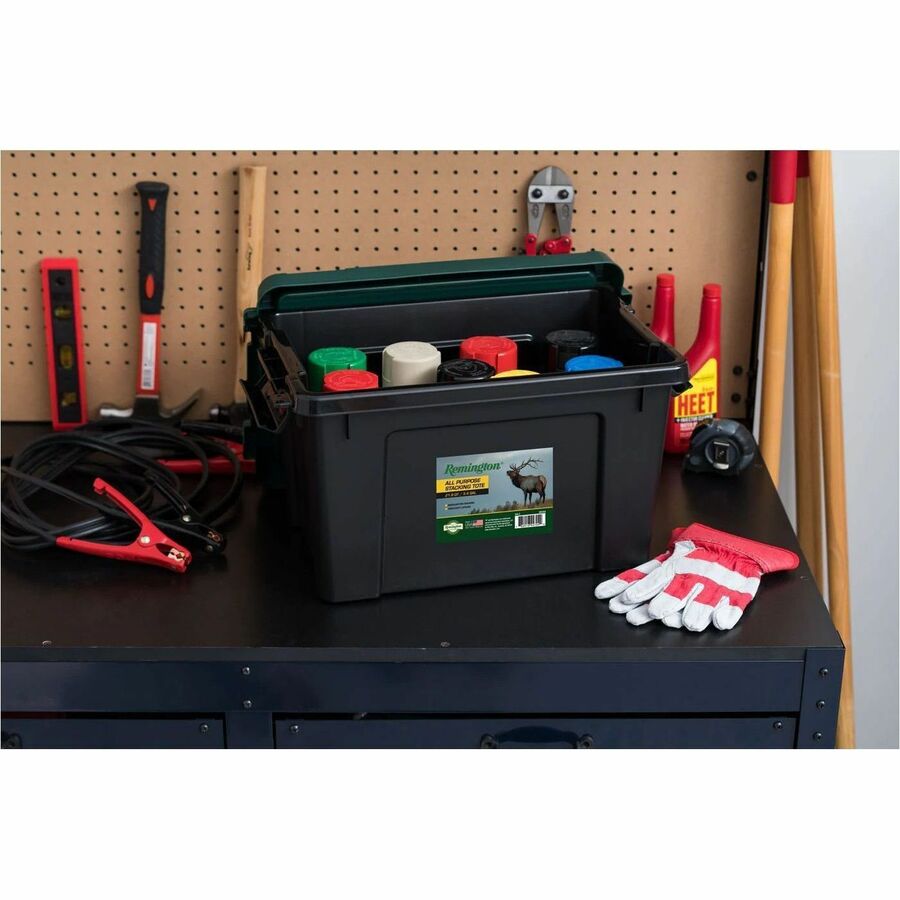 Remington 20QT Store-It-All Tote - Internal Dimensions: 13.75" Length x 8.50" Width x 9.50" Height - External Dimensions: 18.1" Length x 11.6" Width x 10.4" Height - 5 gal - Lid, Buckle Closure - Heavy Duty - Stackable - Black, Green - For Shoes, Makeu...