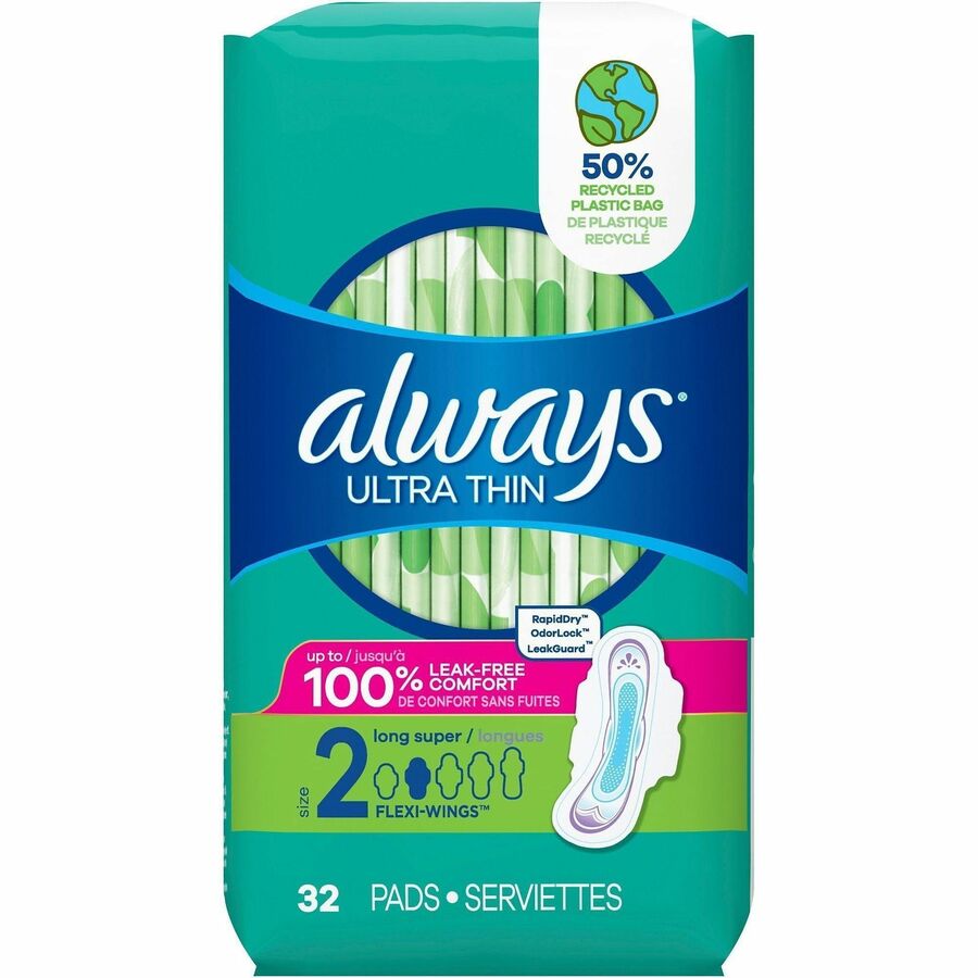 Always Flexi-Wing Ultra Thin Pads - Size 2 - With Wings - Super - Anti-leak, Unscented, Odor-absorbing, Comfortable - 3 / Carton