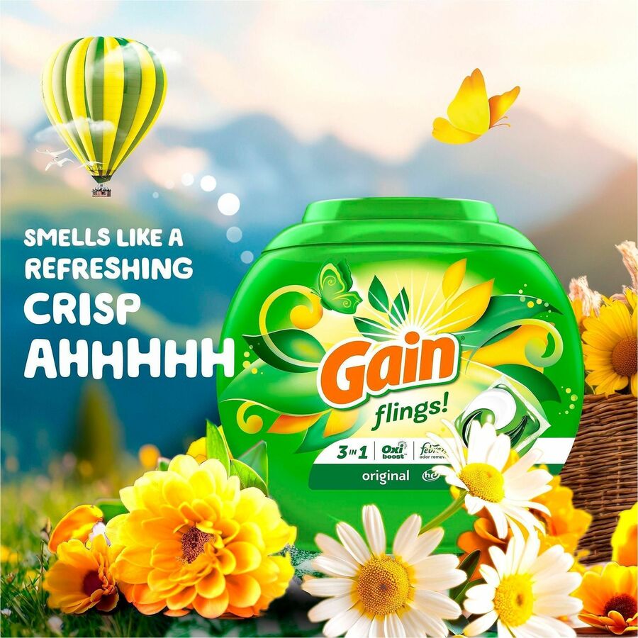 Gain Flings Detergent Pacs - For Multipurpose - Gain, Original Scent - Easy to Use - Green - 76/Pack - 4 / Carton