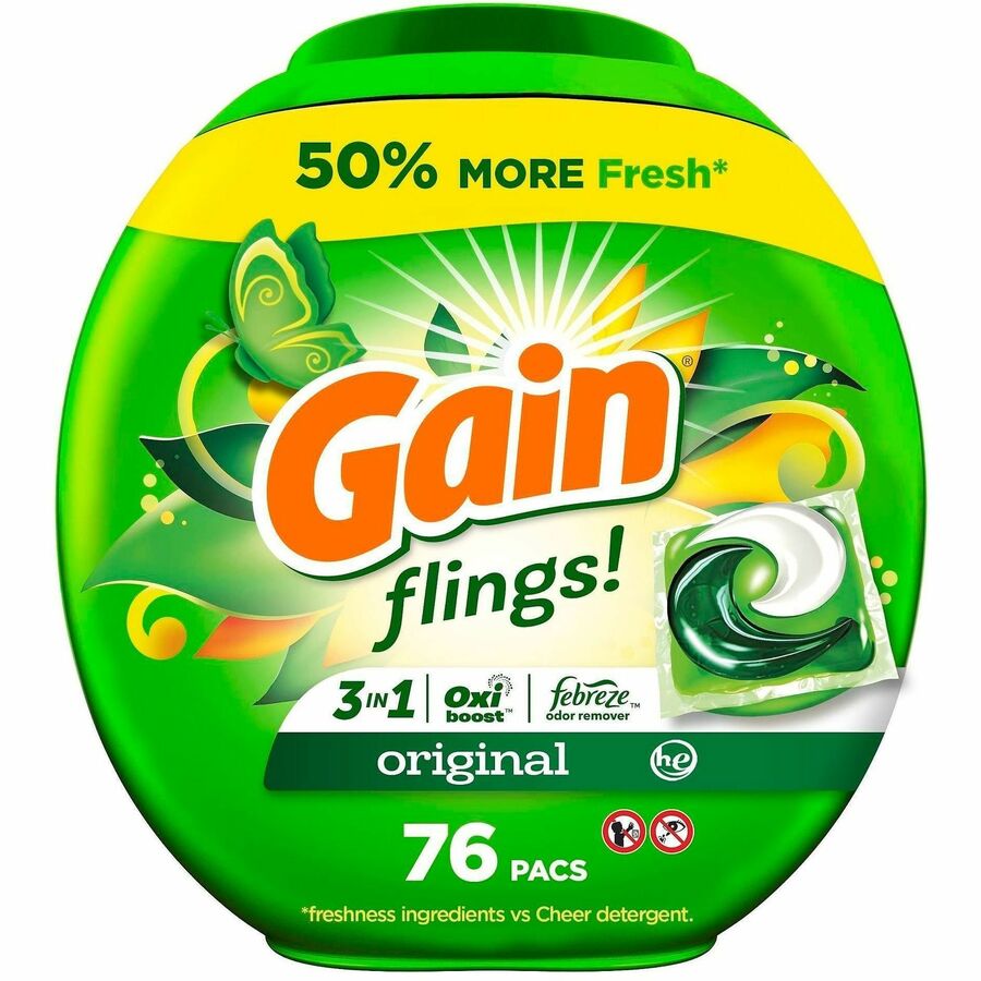 Gain Flings Detergent Pacs - For Multipurpose - Gain, Original Scent - Easy to Use - Green - 76/Pack - 4 / Carton