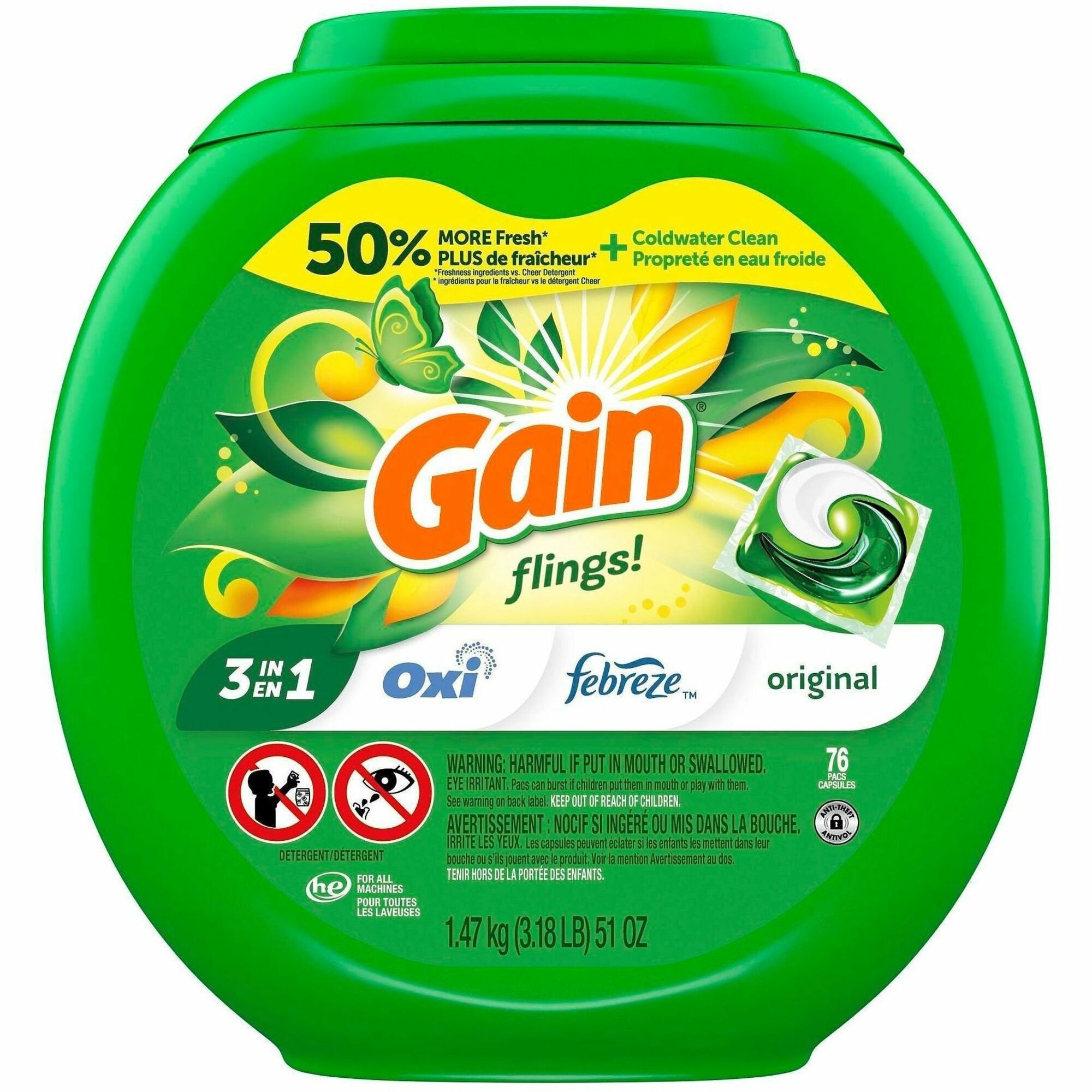 Gain Flings Detergent Pacs - For Multipurpose - Gain, Original Scent - Easy to Use - Green - 76/Pack - 4 / Carton