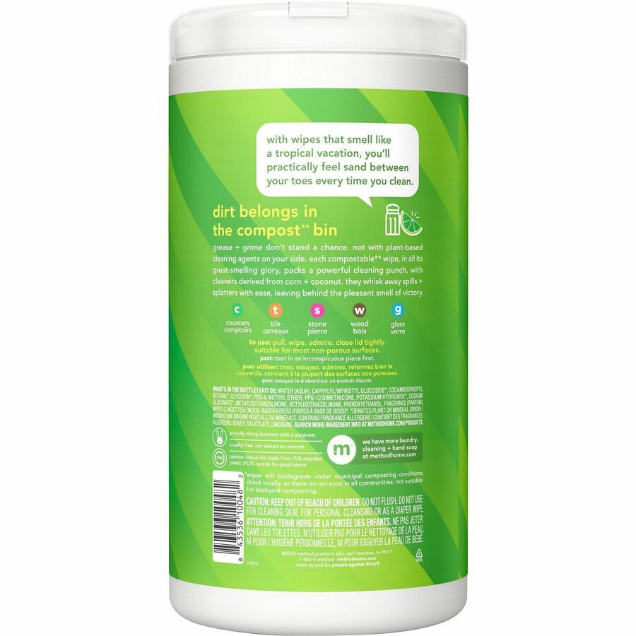 Method All-purpose Cleaning Wipes - For Multipurpose, Multi Surface - Wipe - Lime + Seasalt Scent - Recommended For: Grease Remover, Grime Remover, Spill Remover, Gunk Remover, Dirt Remover - Cruelty-free, Pleasant Scent - Green - 70 Wipes/Tub - 1 Each