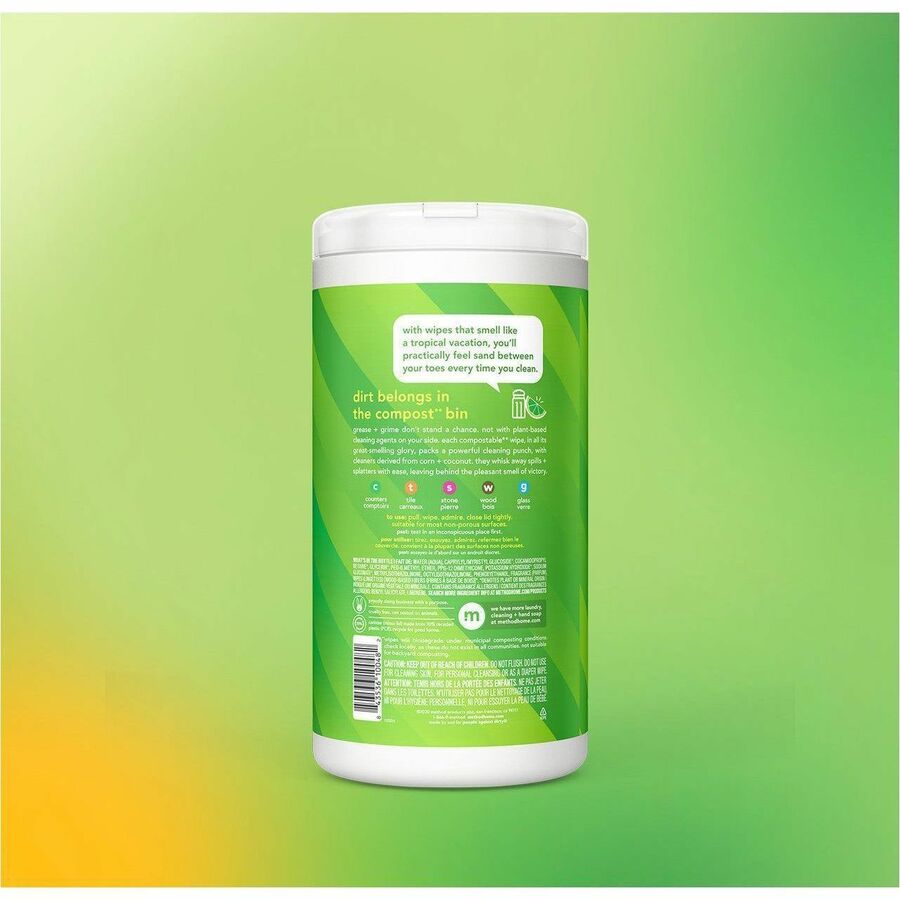 Method All-purpose Cleaning Wipes - For Multipurpose - Wipe - Lime + Seasalt Scent - Recommended For: Grease Remover, Grime Remover, Spill Remover, Gunk Remover, Dirt Remover - Pleasant Scent - Green - 70 Wipes/Tub - 6 / Carton