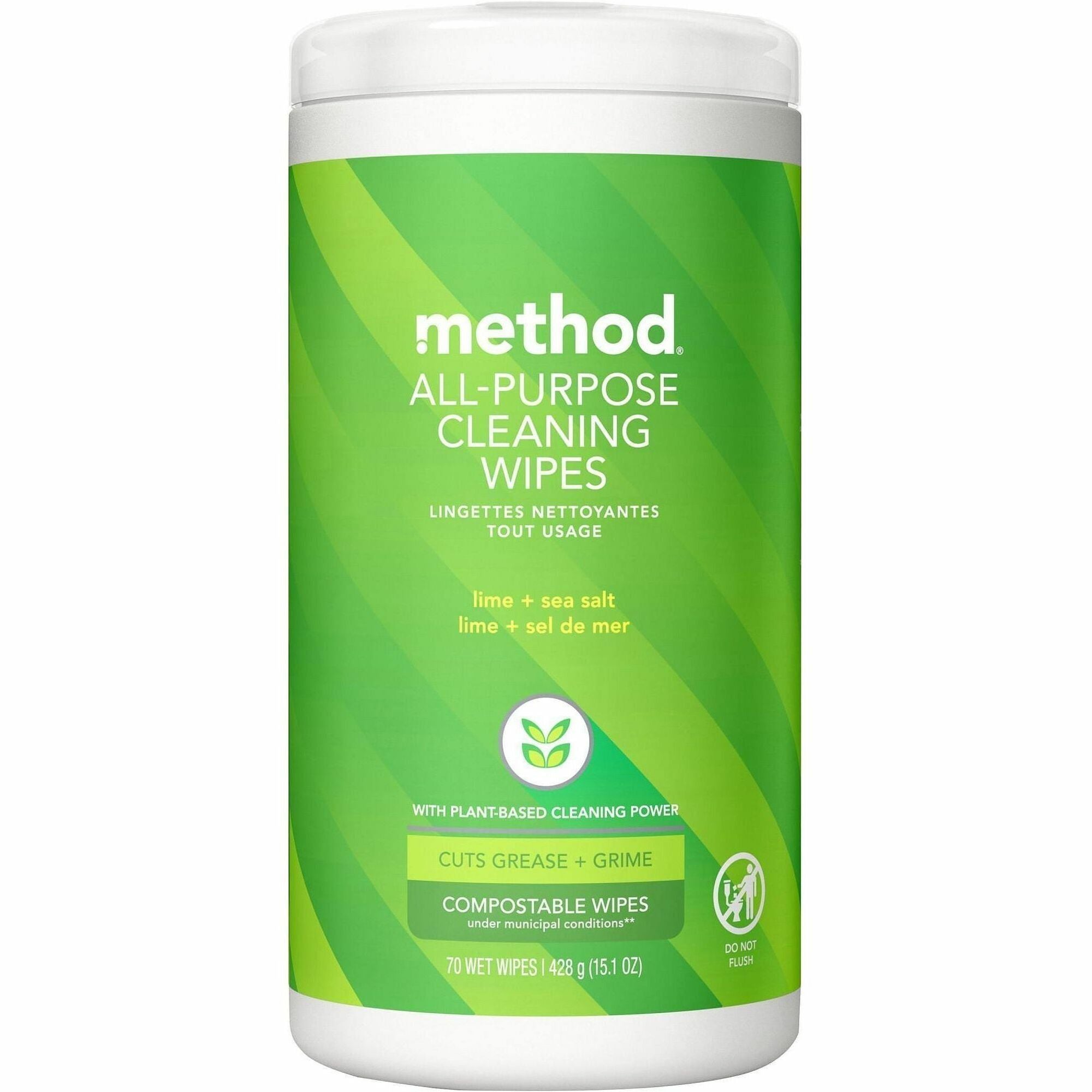 Method All-purpose Cleaning Wipes - For Multipurpose - Wipe - Lime + Seasalt Scent - Recommended For: Grease Remover, Grime Remover, Spill Remover, Gunk Remover, Dirt Remover - Pleasant Scent - Green - 70 Wipes/Tub - 6 / Carton