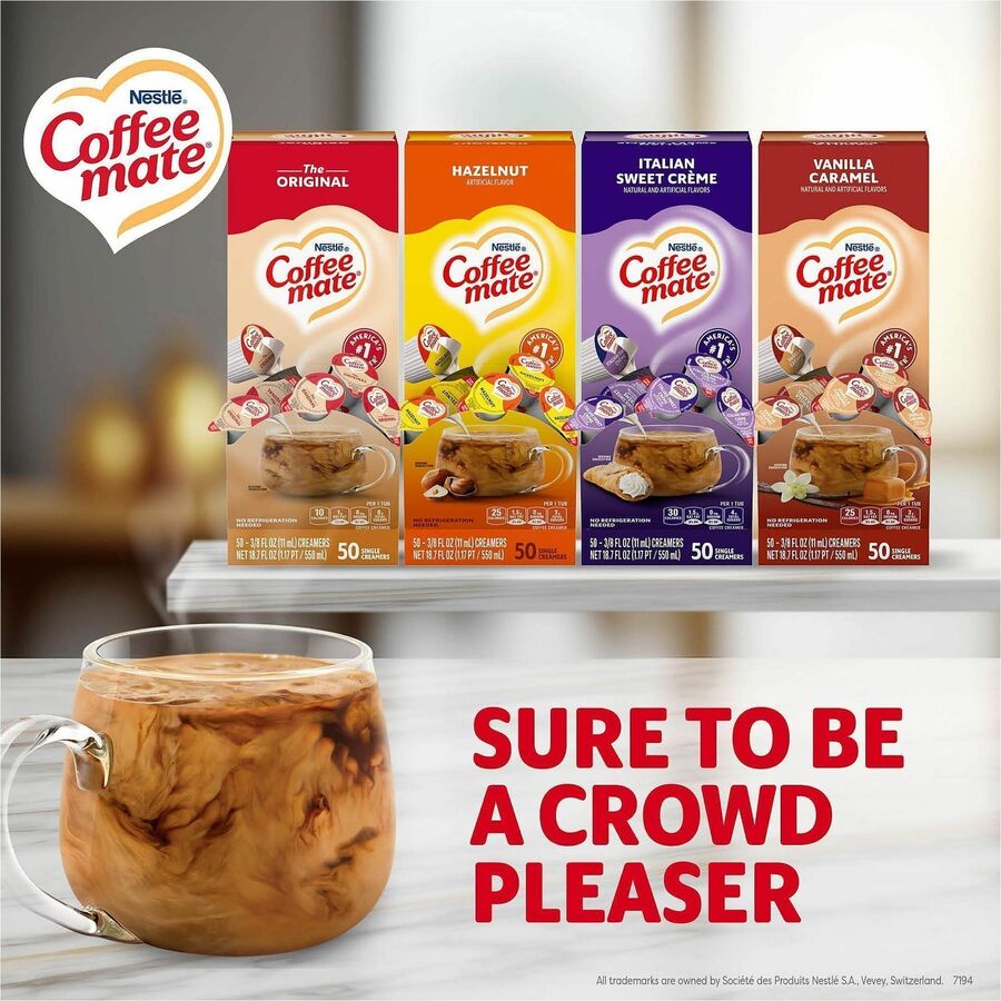 Coffee mate Liquid Creamer Singles - Original, Hazelnut, Italian Sweet Creme, Vanilla Caramel Flavor - 1 Serving - 1 Carton