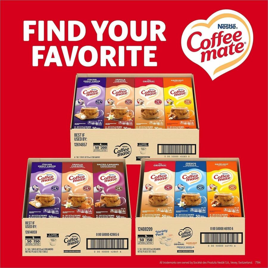 Coffee mate Liquid Creamer Singles - Original, Hazelnut, Italian Sweet Creme, Vanilla Caramel Flavor - 1 Serving - 1 Carton