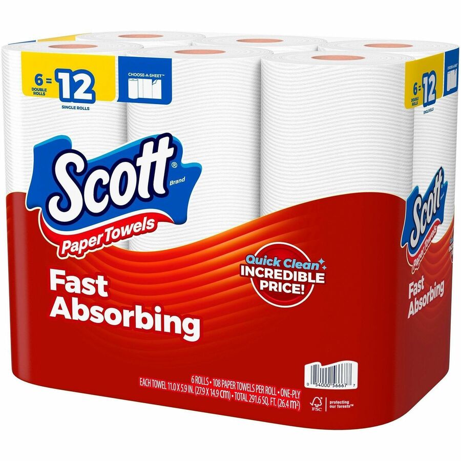 Scott Choose-A-Sheet Paper Towels - 108 Sheets/Roll - White - Paper - 6 Rolls Per Container Rolls - 4 / Carton