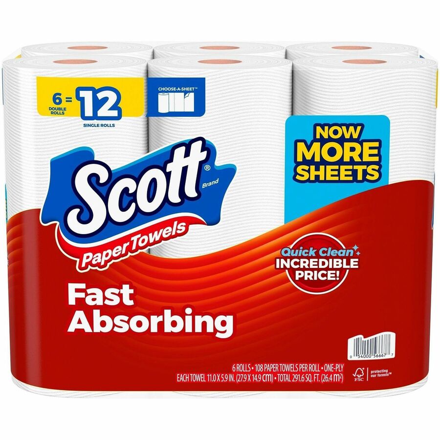 Scott Choose-A-Sheet Paper Towels - 108 Sheets/Roll - White - Paper - 6 Rolls Per Container Rolls - 4 / Carton