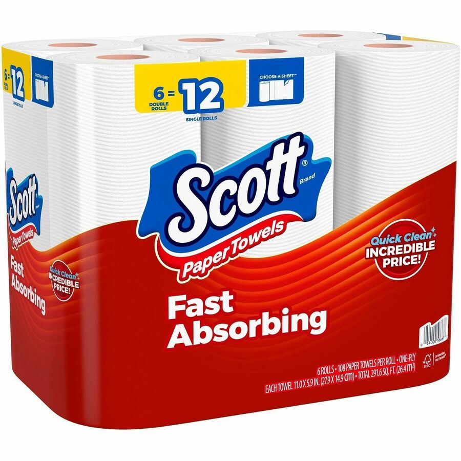 Scott Choose-A-Sheet Paper Towels - 108 Sheets/Roll - White - Paper - 6 Rolls Per Container Rolls - 4 / Carton