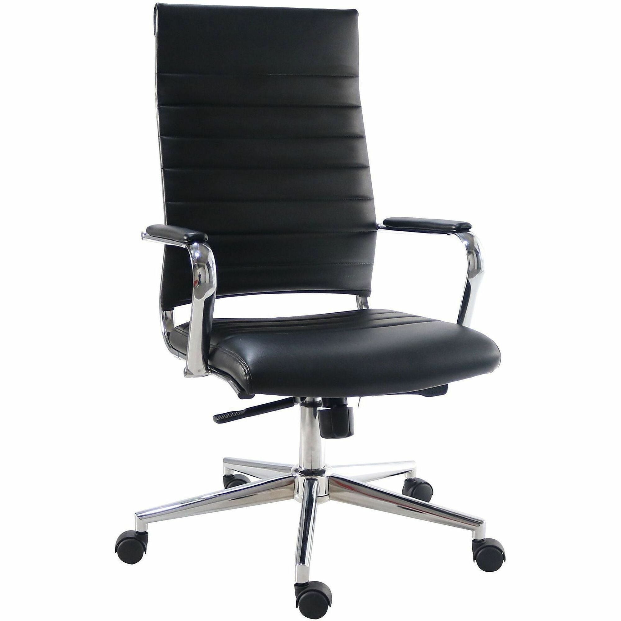 Lorell Tempo Modern High-Back Executive Chair - Chrome Frame Material - High Back - Black - Leather, Chrome - Armrest - 1 Each