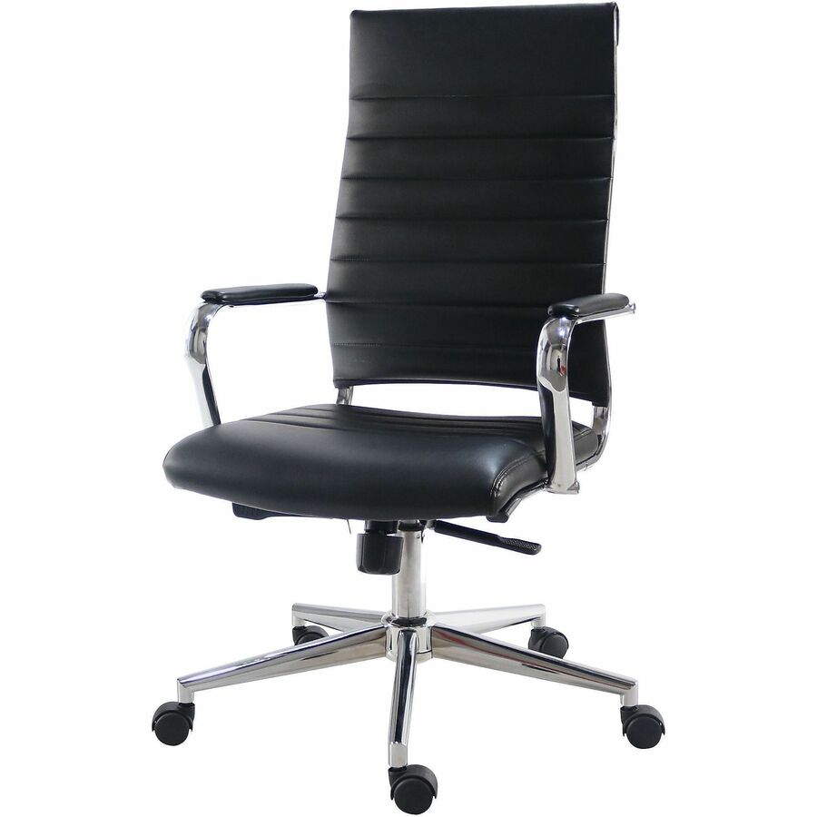 Lorell Tempo Modern High-Back Executive Chair - Chrome Frame Material - High Back - Black - Leather, Chrome - Armrest - 1 Each