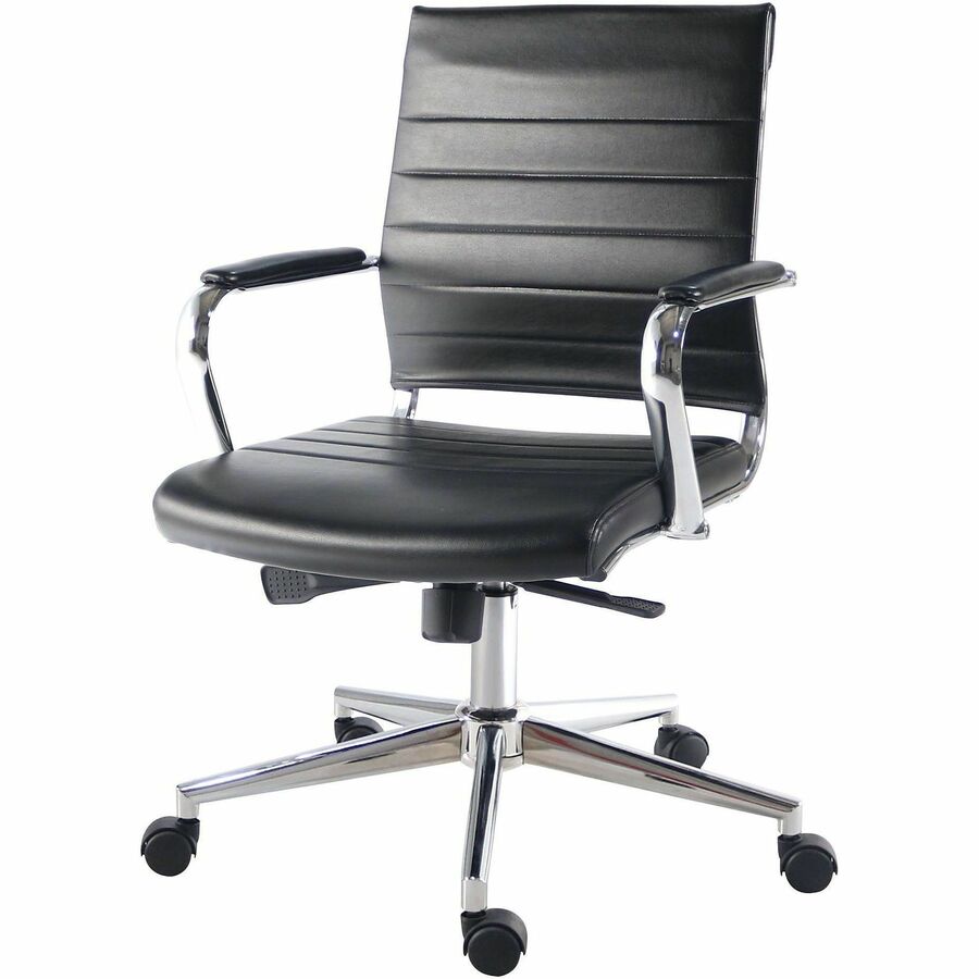 Lorell Tempo Modern Mid-Back Manager Chair - Chrome Frame Material - Mid Back - Black - Leather, Chrome - Armrest - 1 Each