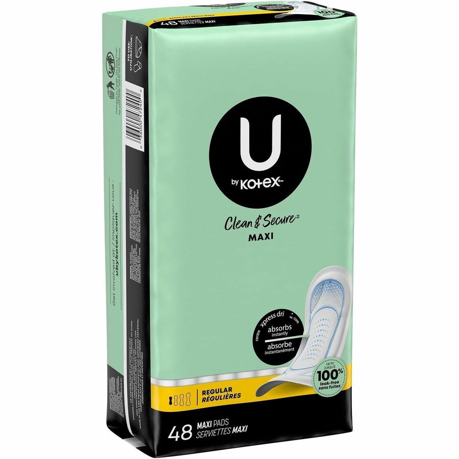 U by Kotex Clean & Secure Maxi Pads - Maxi - Regular Absorbency, Anti-leak, Chlorine-free, Fragrance-free, Hypoallergenic, Pesticide-free, Latex-free - 48 / Pack