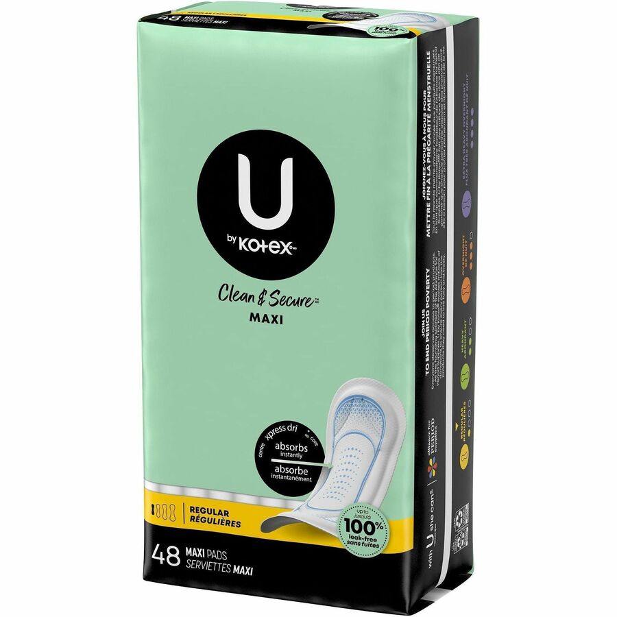 U by Kotex Clean & Secure Maxi Pads - Maxi - Regular Absorbency, Anti-leak, Chlorine-free, Fragrance-free, Hypoallergenic, Pesticide-free, Latex-free - 48 / Pack