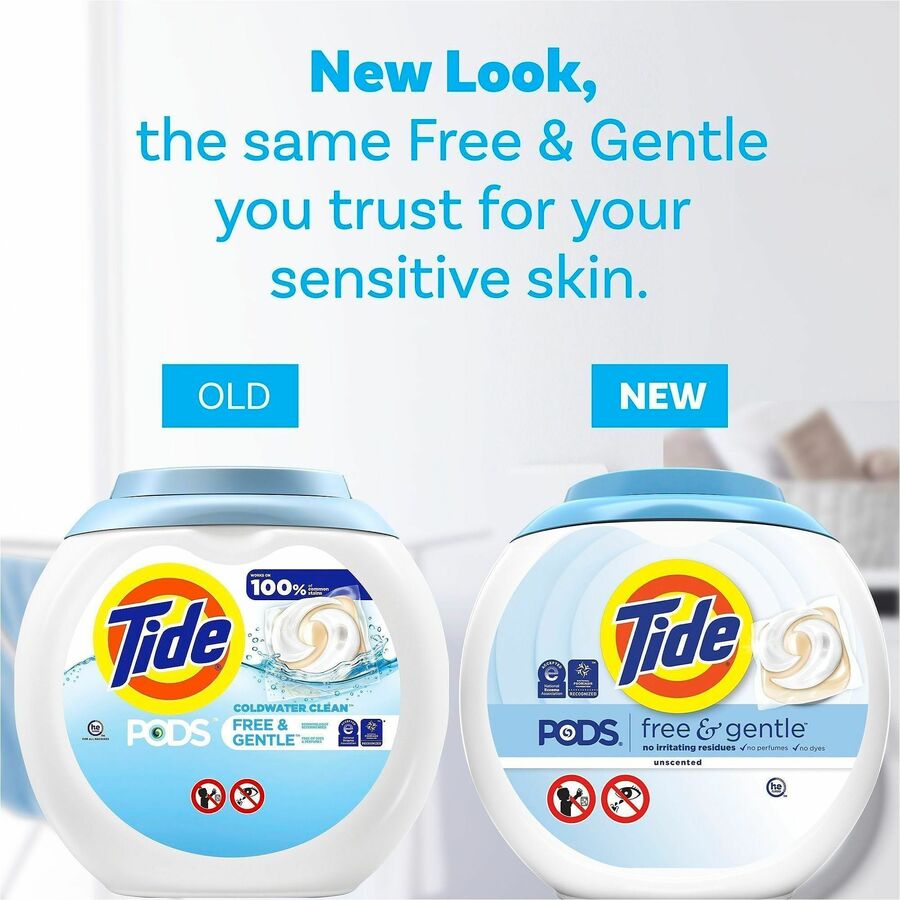 Tide PODS Free & Gentle Detergent - For Washing Machine, Laundry, Clothes - Concentrate - Pod - 56 oz (3.50 lb) - Recommended For: Stain Remover - Hypoallergenic, Dye-free, Color Safe, Unscented, Non-irritating - White - 76/Tub - 4 / Carton