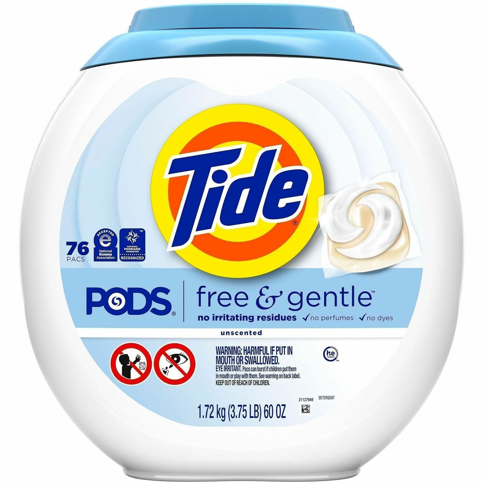 Tide PODS Free & Gentle Detergent - For Washing Machine, Laundry, Clothes - Concentrate - Pod - 56 oz (3.50 lb) - Recommended For: Stain Remover - Hypoallergenic, Dye-free, Color Safe, Unscented, Non-irritating - White - 76/Tub - 4 / Carton