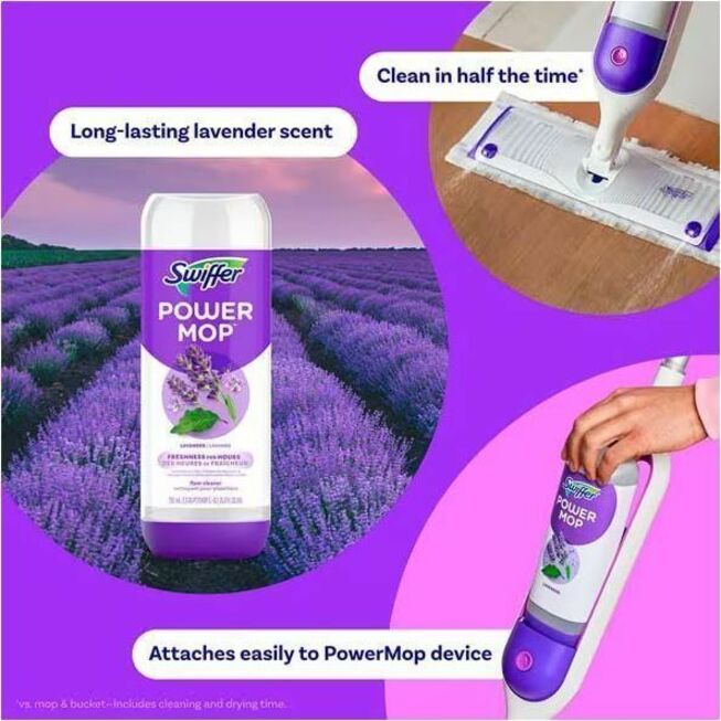 Swiffer PowerMop Floor Solution - For Mopping, Floor, Tile, Wood, Home - Liquid - 25.3 fl oz (0.8 quart) - Lavender Scent - Quick Drying - Purple - 6 / Carton