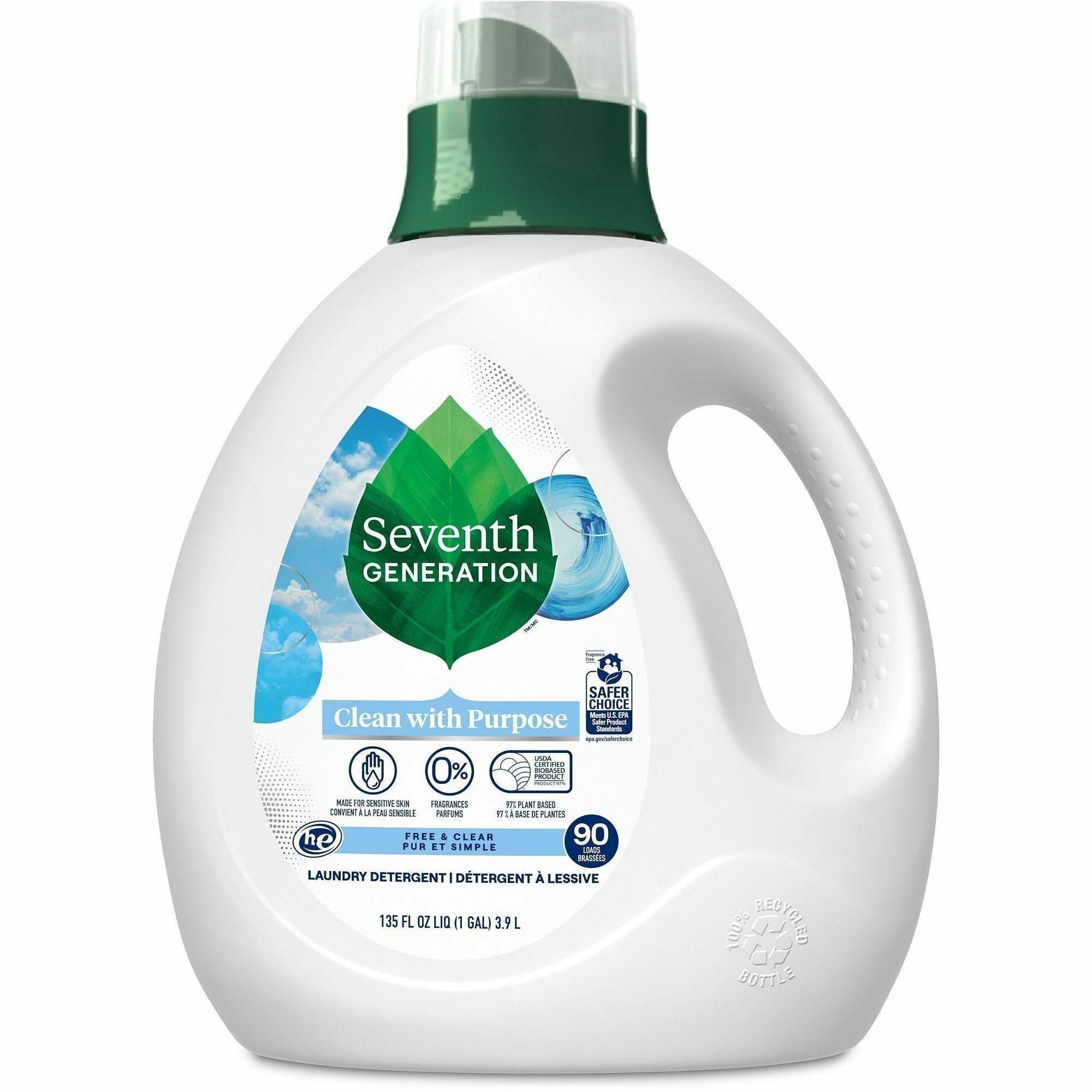 Seventh Generation Natural Laundry Detergent - For Laundry, Washing Machine - Liquid - 135 fl oz (4.2 quart) - Free & Clear Scent - 33 Loads - Recommended For: Stain Remover - Enzyme Activated, Hypoallergenic, Kosher, Fragrance-free, Dye-free, Bio-base...