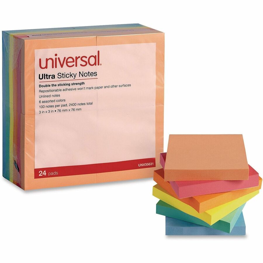 Universal Note Pad - 2400 x Assorted - 3" Flag/Note Width x 3" Flag/Note Length - Square - 100 Sheets per Pad - Ruled - Gray, Yellow, Blue Aura, Circular Gray, Tranquil Blue, Peach - Paper - Self-stick, Adhesive, Sticky - 24 Pads/Pack - 1 Pack