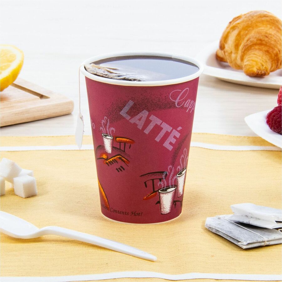 Solo 12 oz Bistro Design Hot Cups - 12 fl oz - Maroon - Poly Paper - Hot Drink, Coffee, Tea, Cocoa - 300 / Carton