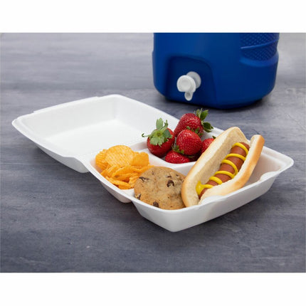 Dart 9-1/2" Triple-Compartment Foam Containers - White - Foam Body - 100/Pack - 2 / Carton